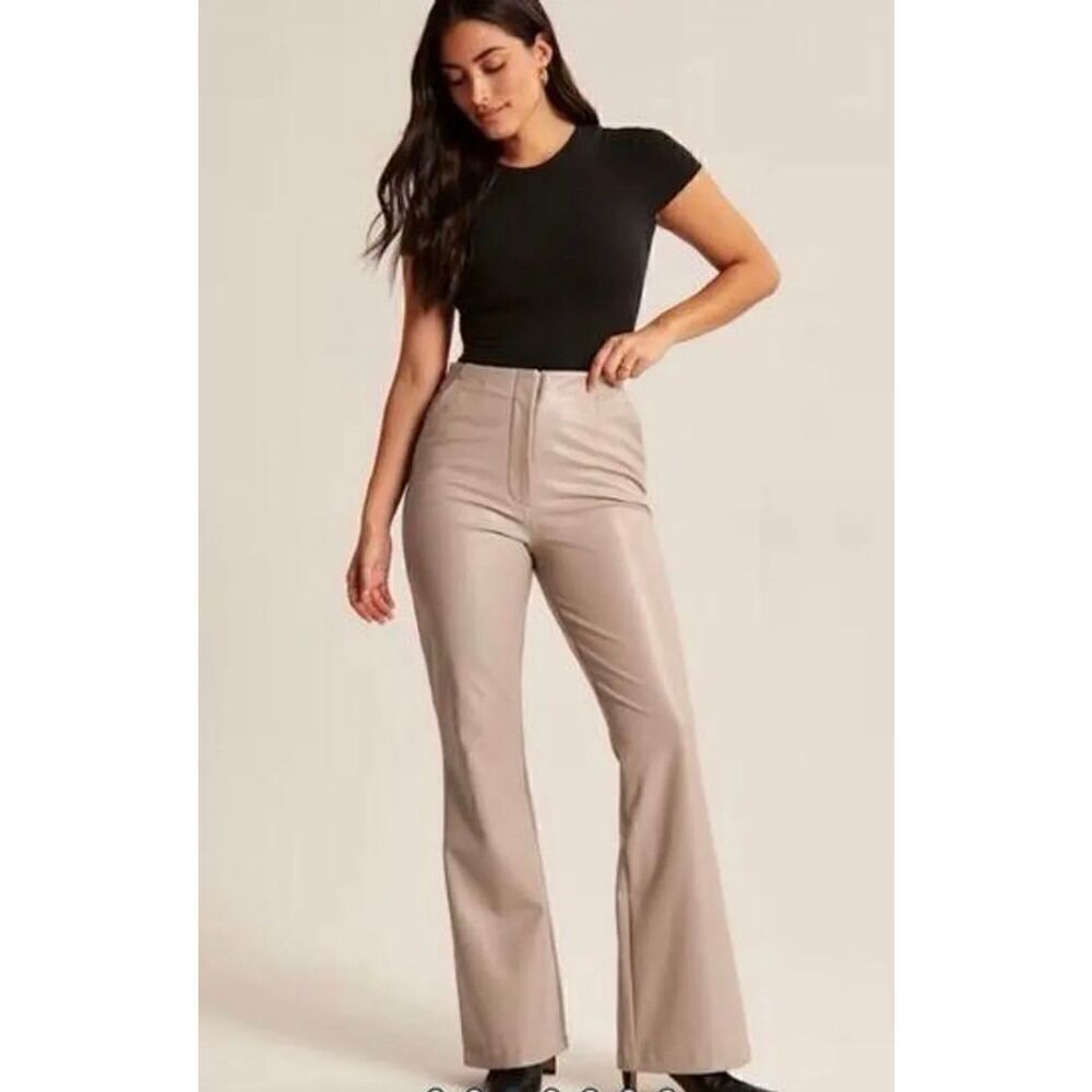 Abercrombie & Fitch Vegan Leather Slim Flare Pants in a Tan/Taupe Color